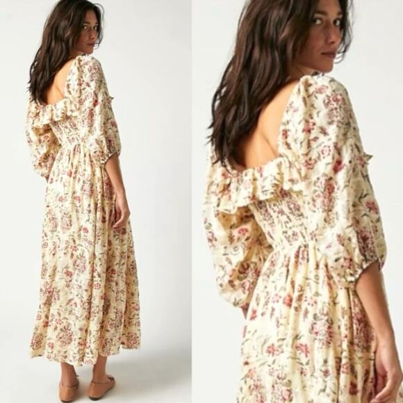 Free People XL Ethereal Oasis Printed Midi Dress Ivory Bohemian Cottage - Picture 5 of 14